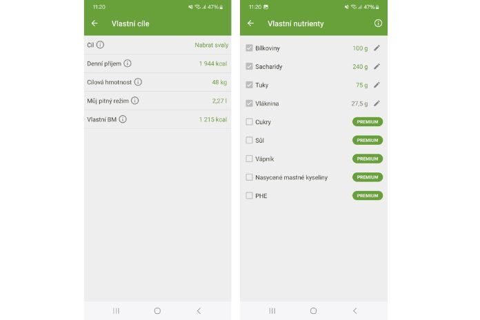 nastavení cílů a nutrientů